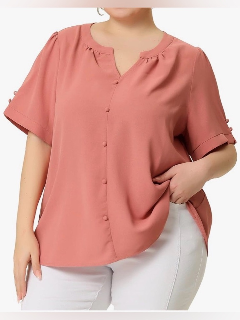 Plus Size Dressy Ruched V Neck Button Short Sleeve Blouse Shirt Tops, Size 1X